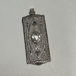 Faux Silver Filigree Marquise Crystal Pendant with Green Accents